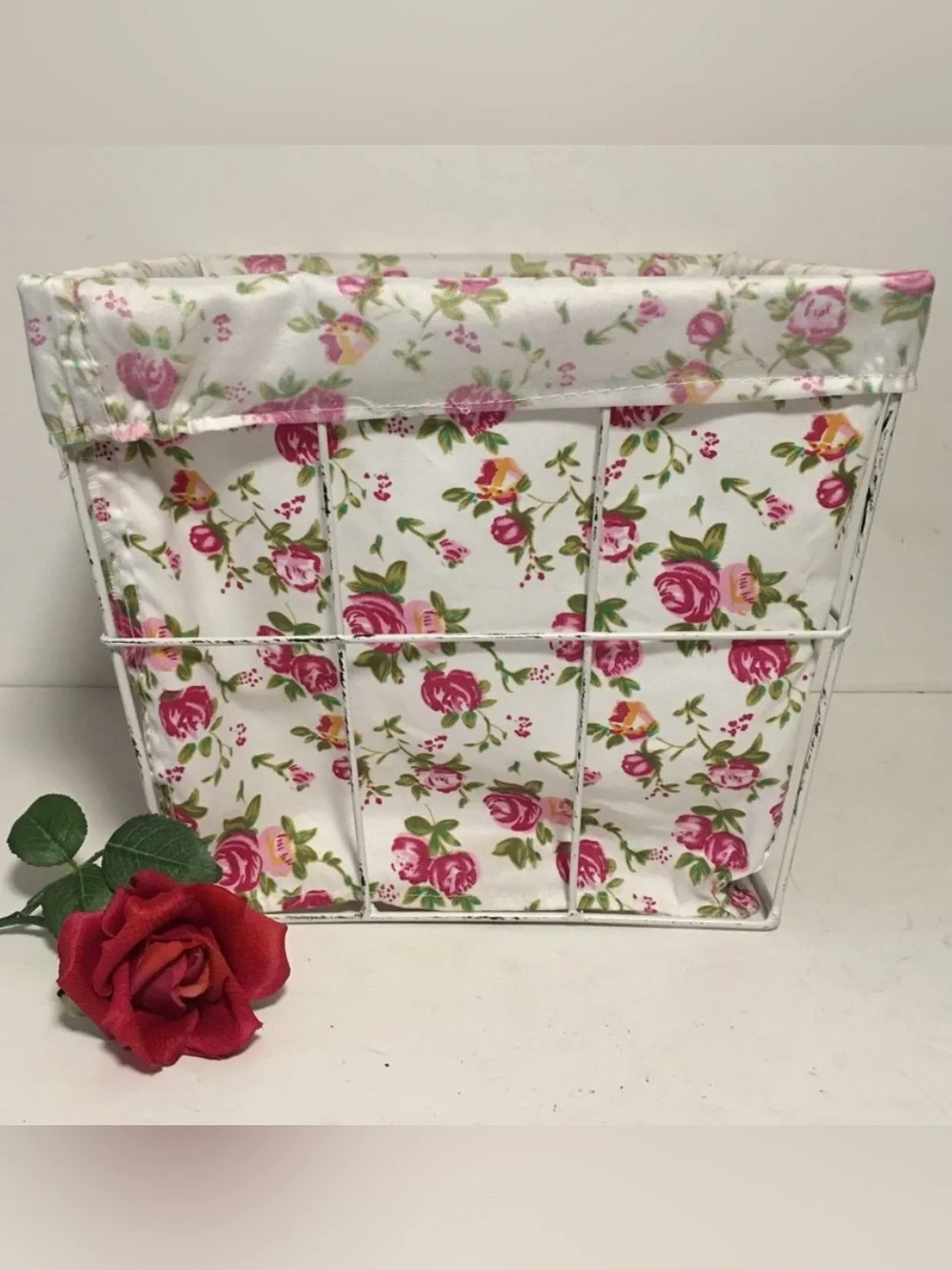 White Wire Basket with Floral Shabby Chic  Cottagecore Removable Fabric Liner